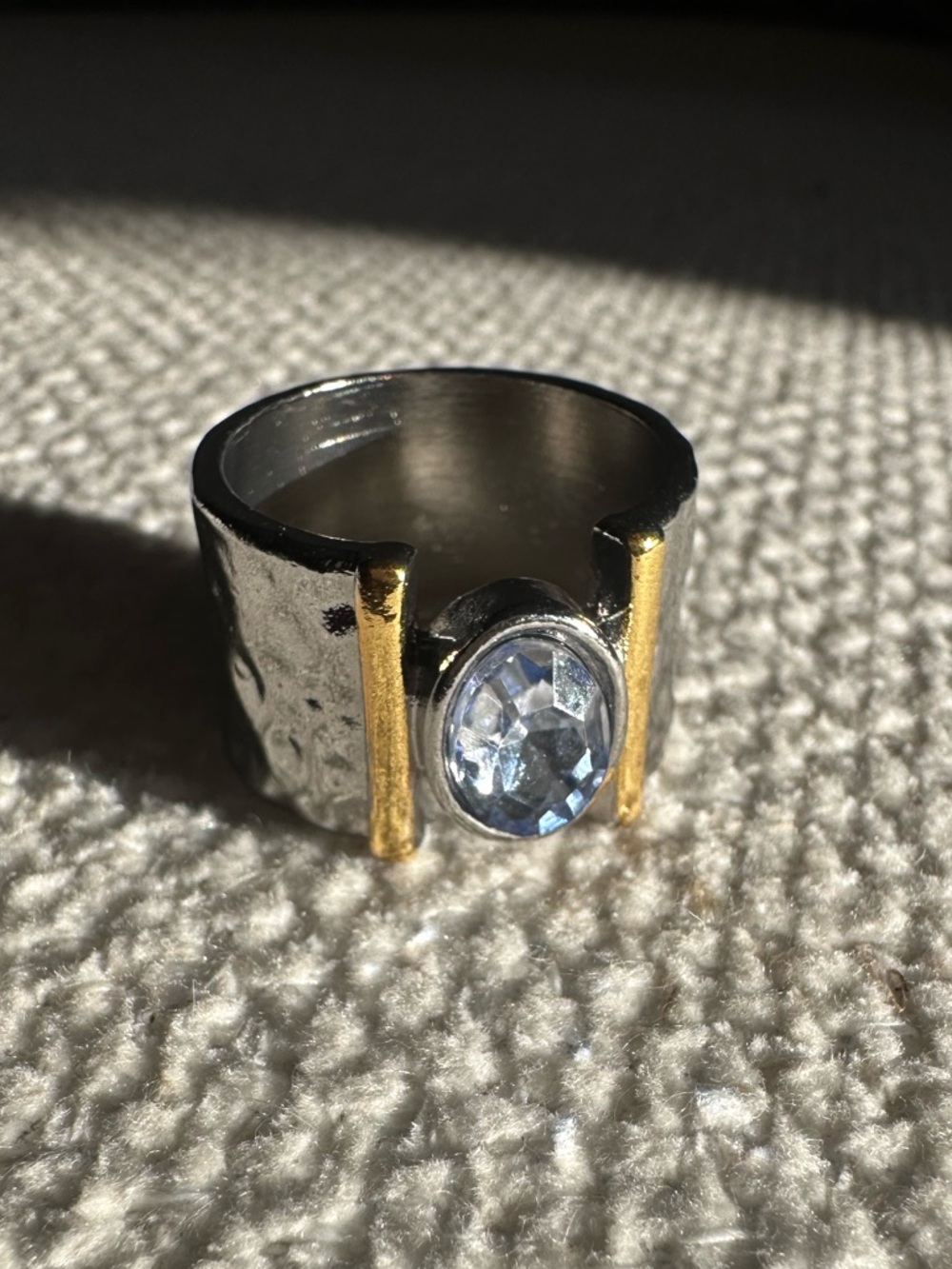Gold And Silver Tone Ring with Blue Faceted Stone